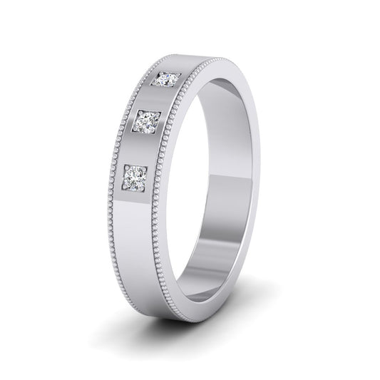 Three Diamonds With Square Setting 18ct White Gold 4mm Wedding Ring With Millgrain Edge