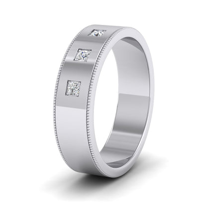 Three Diamonds With Square Setting 9ct White Gold 6mm Wedding Ring With Millgrain Edge