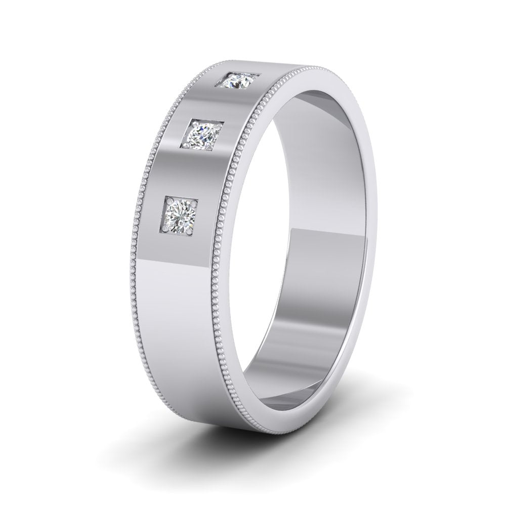 Three Diamonds With Square Setting 18ct White Gold 6mm Wedding Ring With Millgrain Edge