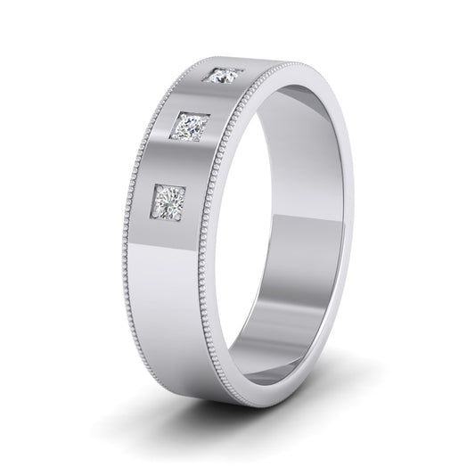 Three Diamonds With Square Setting 14ct White Gold 6mm Wedding Ring With Millgrain Edge