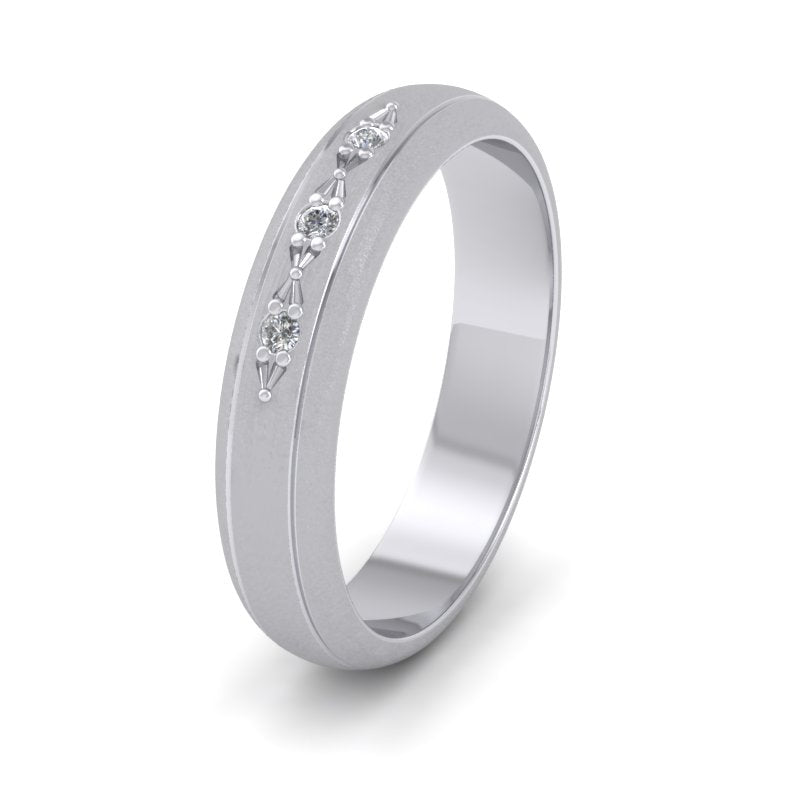 Three Diamond Set 500 Palladium 4mm Wedding Ring With Lines
