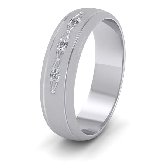 Three Diamond Set 500 Palladium 6mm Wedding Ring With Lines