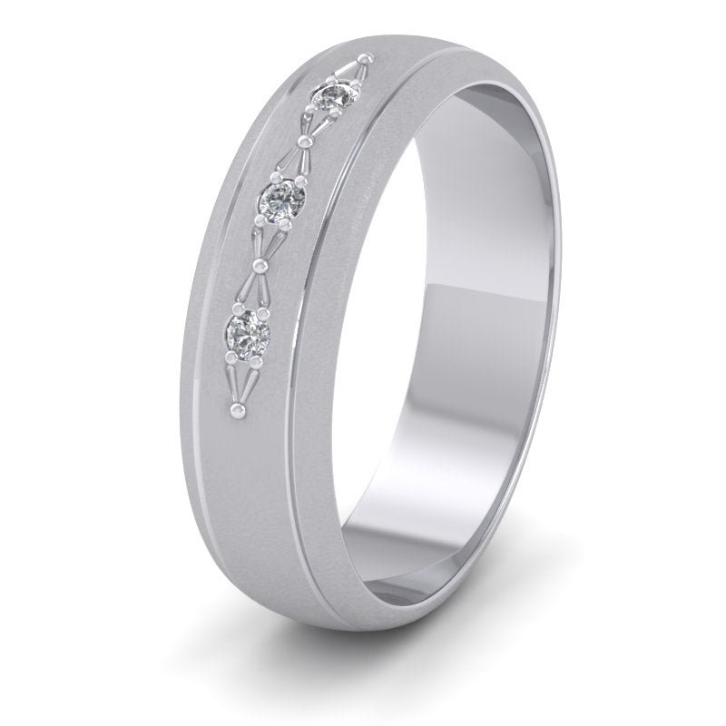 Three Diamond Set 9ct White Gold 6mm Wedding Ring With Lines