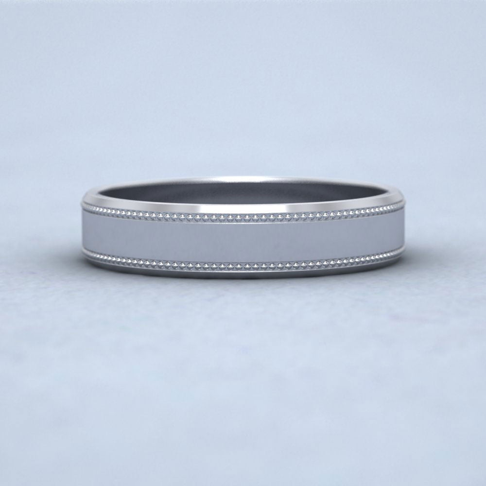 Bevelled Edge And Millgrain Pattern 9ct White Gold 4mm Flat Wedding Ring Down View