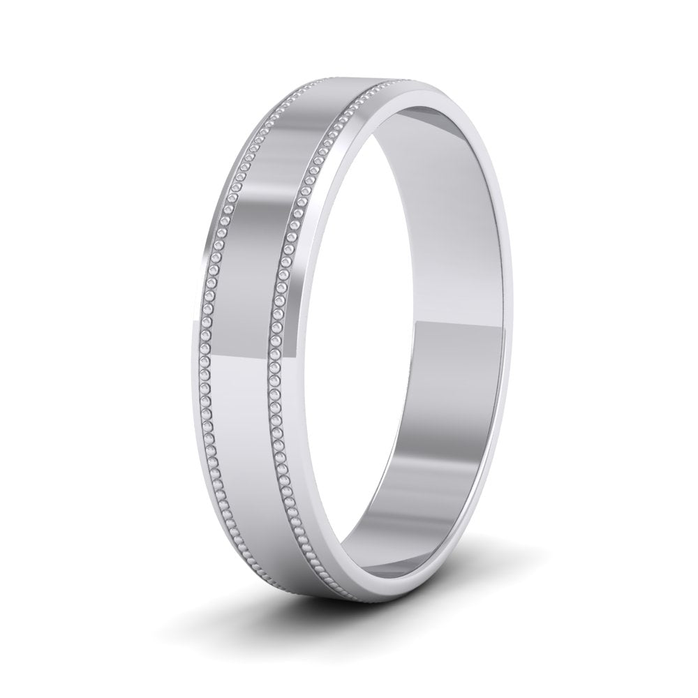 Bevelled Edge And Millgrain Pattern 18ct White Gold 4mm Flat Wedding Ring