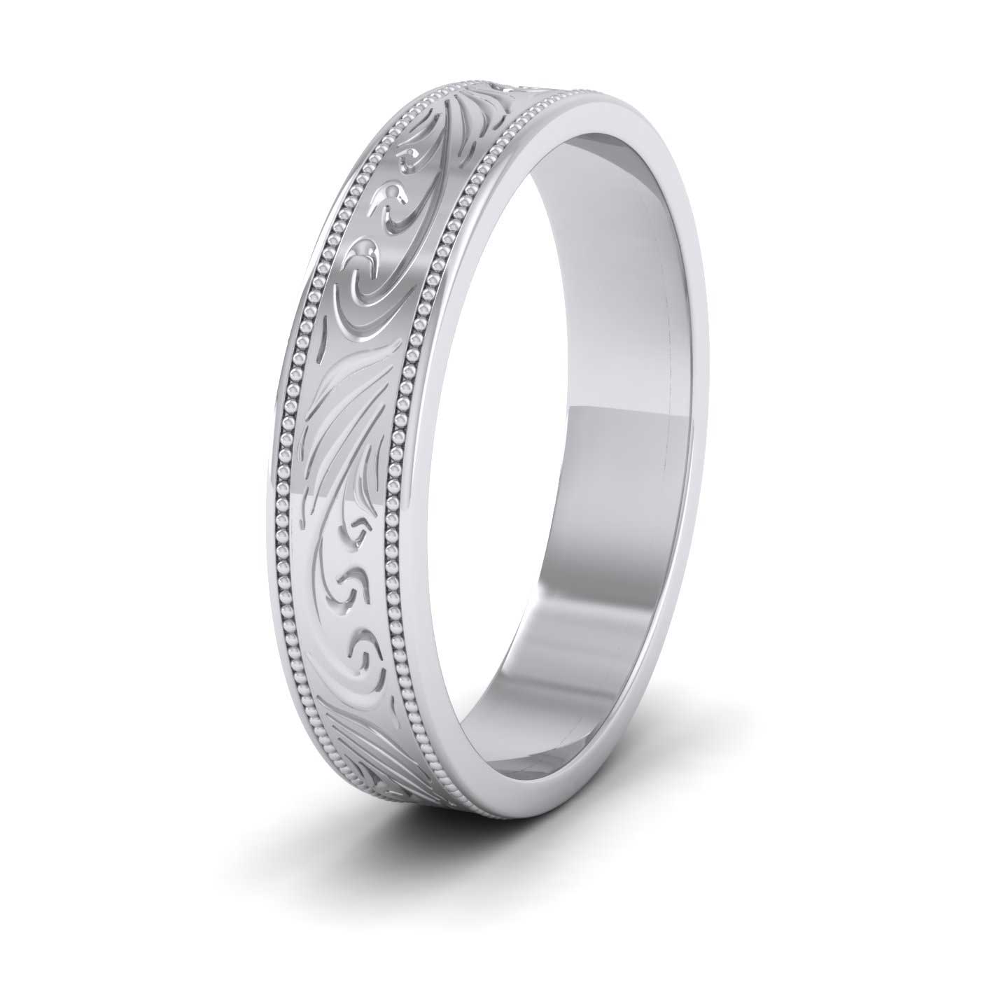 Engraved 14ct White Gold 4mm Flat Wedding Ring With Millgrain Edge