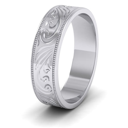 Engraved 9ct White Gold 6mm Flat Wedding Ring With Millgrain Edge