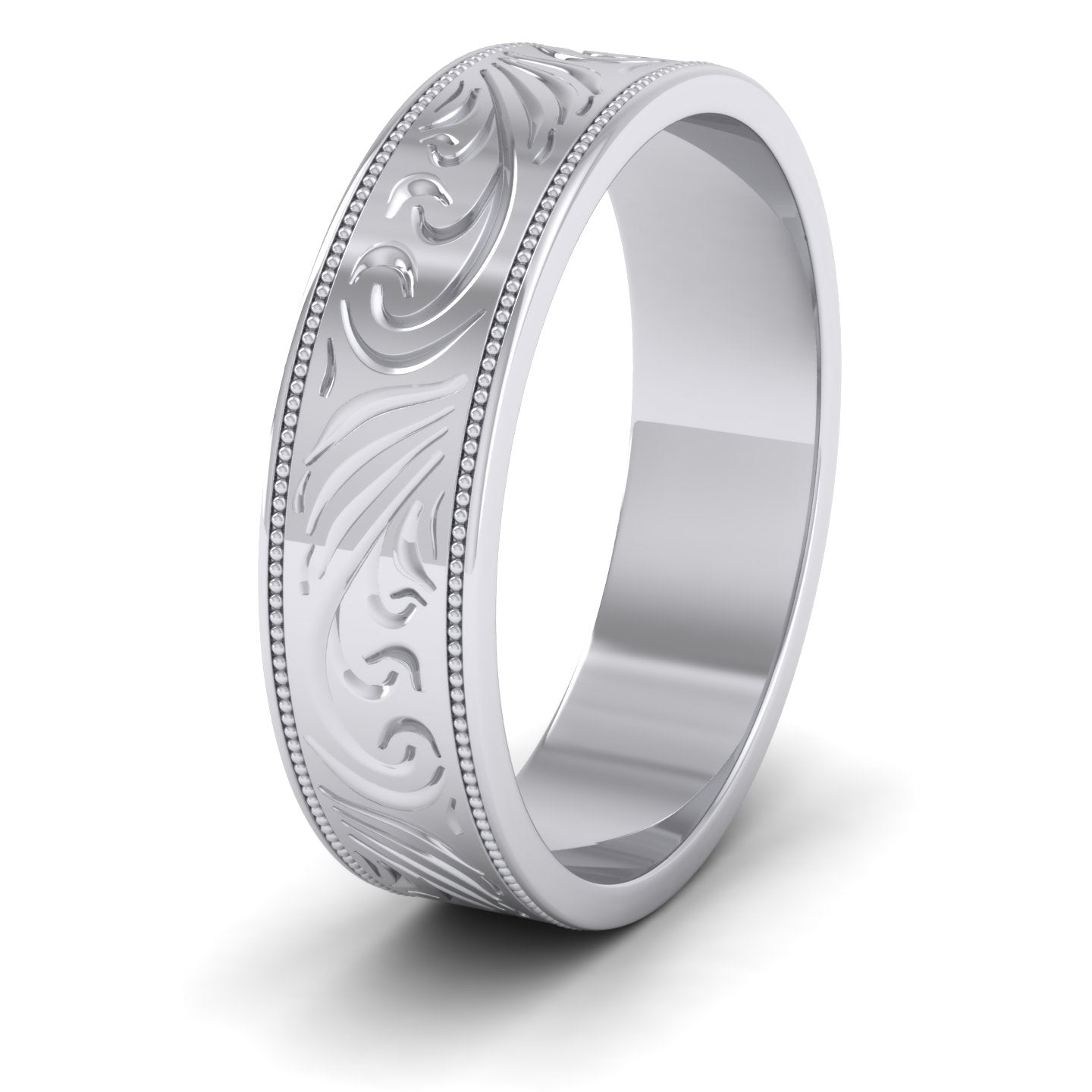 Engraved 14ct White Gold 6mm Flat Wedding Ring With Millgrain Edge