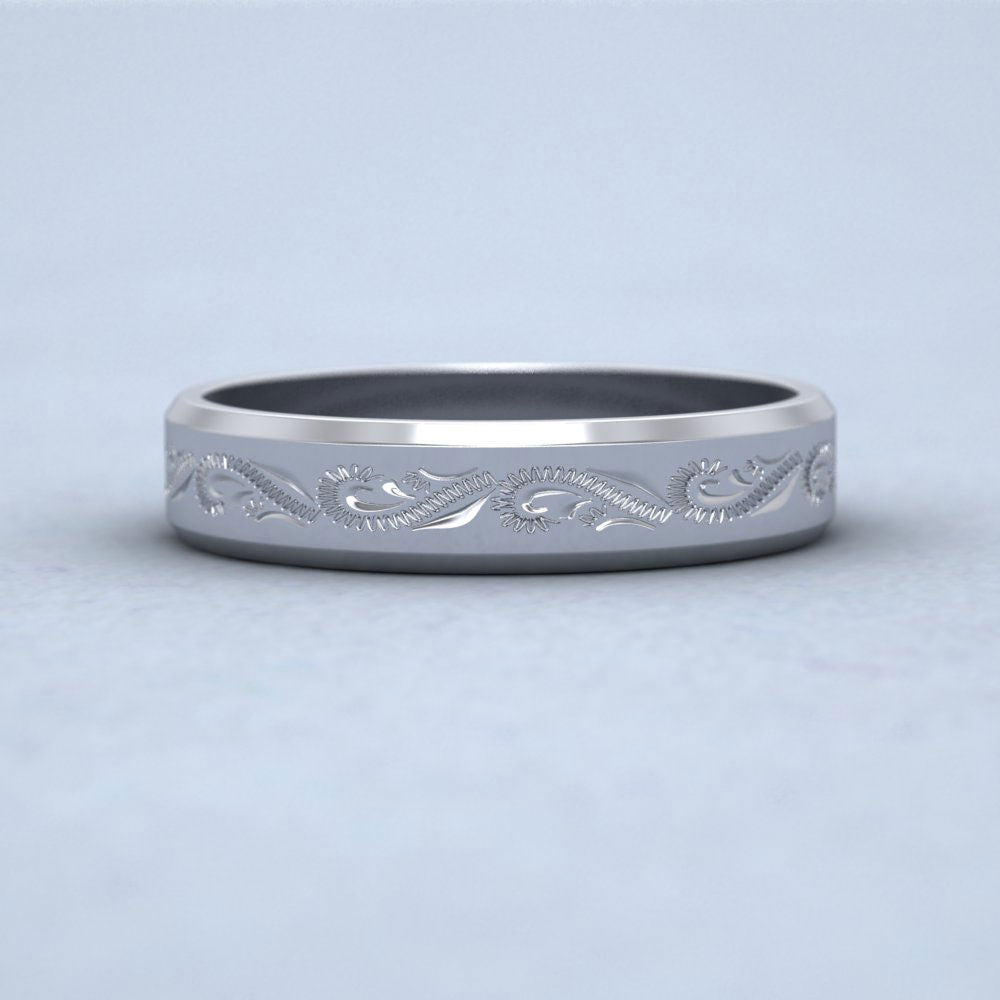 Engraved 9ct White Gold 4mm Flat Wedding Ring With Bevelled Edge Down View