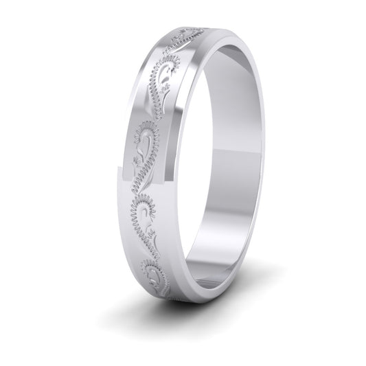 Engraved 950 Palladium 4mm Flat Wedding Ring With Bevelled Edge