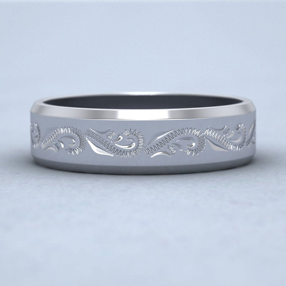 Engraved 9ct White Gold 6mm Flat Wedding Ring With Bevelled Edge Down View