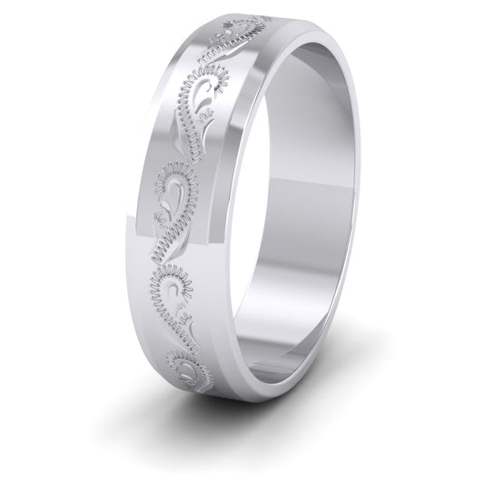 Engraved 9ct White Gold 6mm Flat Wedding Ring With Bevelled Edge