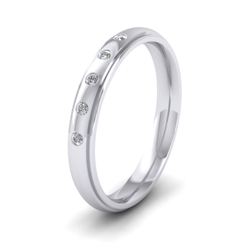 Line Pattern And Five Diamond Set 14ct White Gold 3mm Wedding Ring