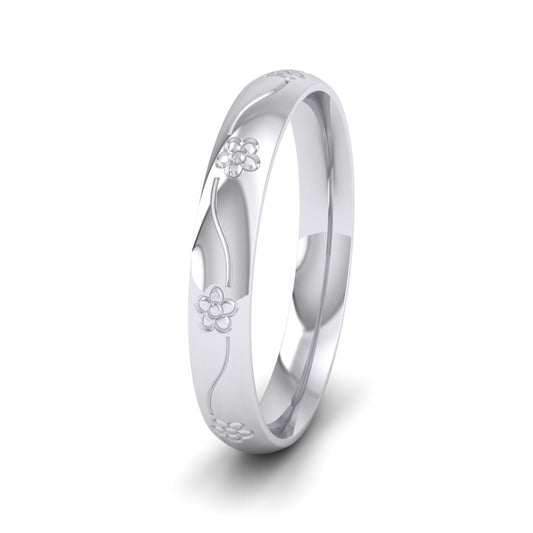 Engraved Flower 18ct White Gold 3mm Wedding Ring