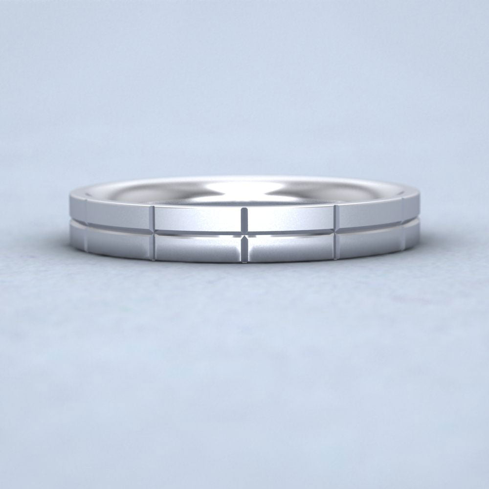 Cross Line Patterned 14ct White Gold 3mm Flat Comfort Fit Wedding Ring Down View