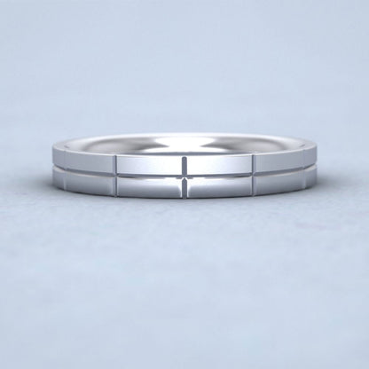 Cross Line Patterned Sterling Silver 3mm Flat Comfort Fit Wedding Ring Down View