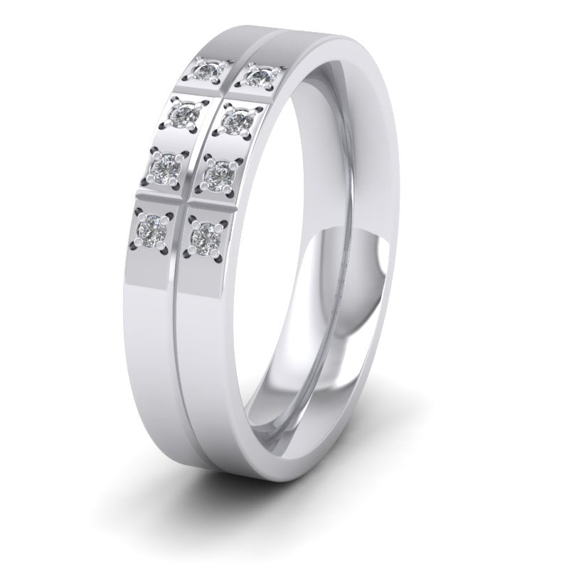 Cross Line Patterned And Diamond Set 18ct White Gold 5mm Flat Comfort Fit Wedding Ring