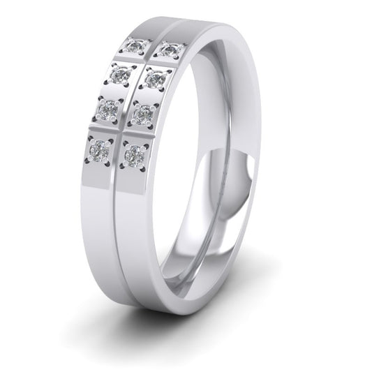 Cross Line Patterned And Diamond Set 950 Platinum 5mm Flat Comfort Fit Wedding Ring