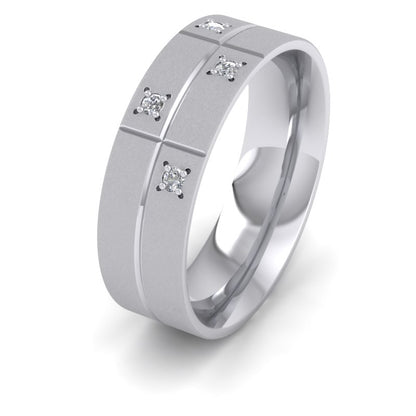 Cross Line Patterned And Diamond Set 18ct White Gold 7mm Flat Comfort Fit Wedding Ring