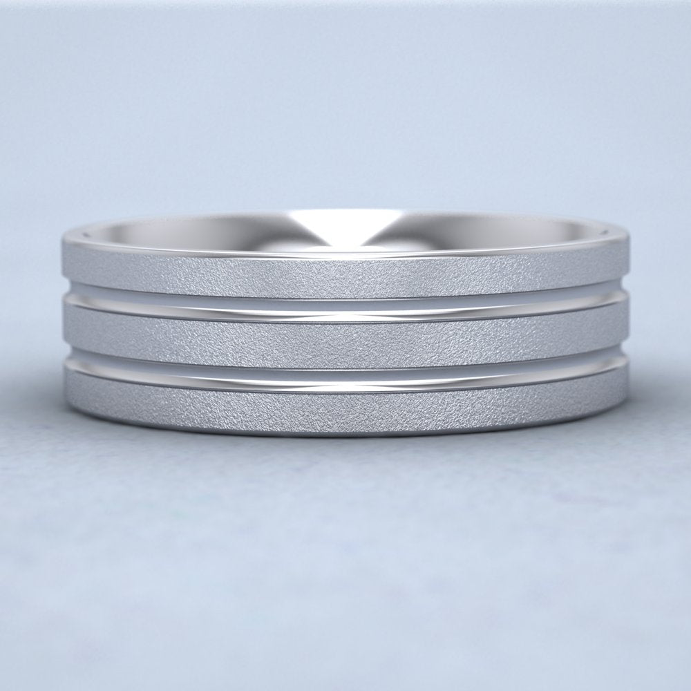 Double Groove Pattern 9ct White Gold 7mm Wedding Ring Down View