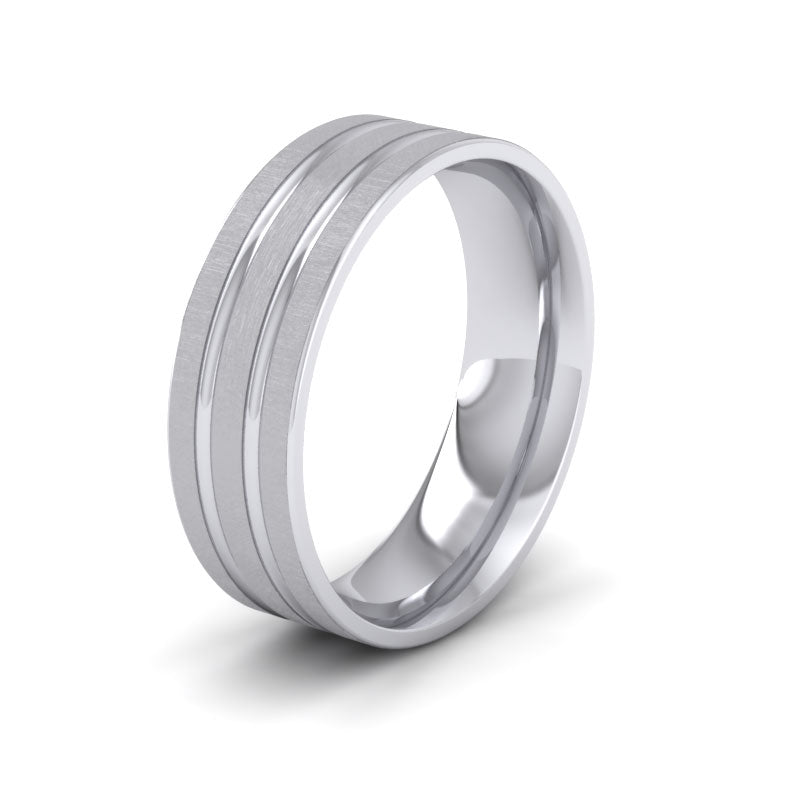 Double Groove Pattern 18ct White Gold 7mm Wedding Ring