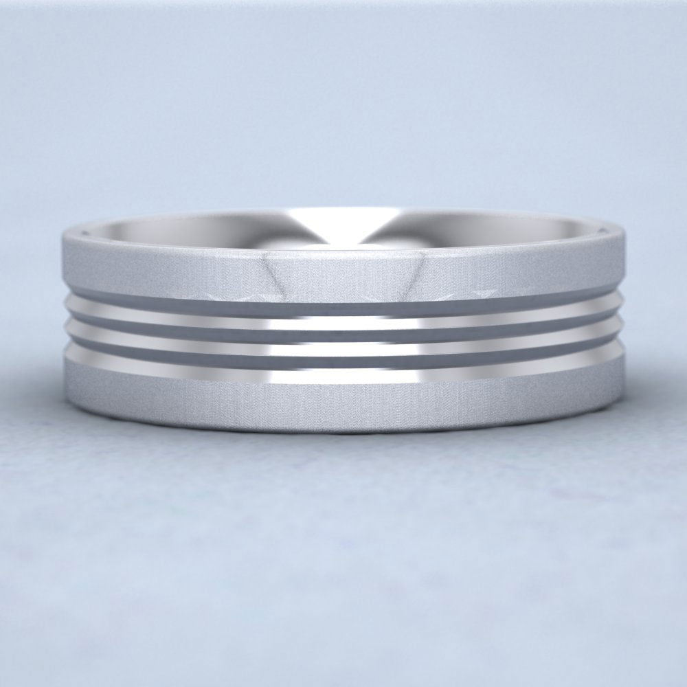 Grooved Pattern 14ct White Gold 7mm Wedding Ring Down View