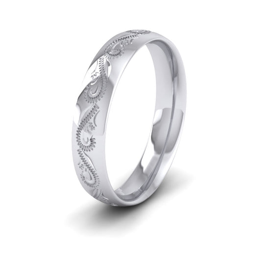 Engraved Court Shape 14ct White Gold 4mm Wedding Ring