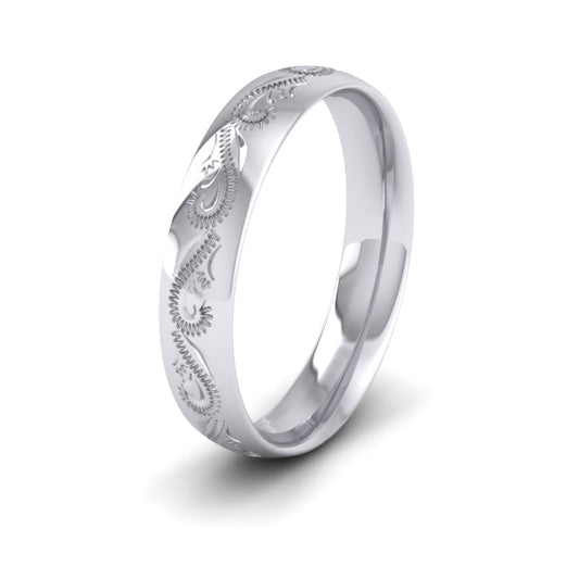 Engraved Court Shape 18ct White Gold 4mm Wedding Ring