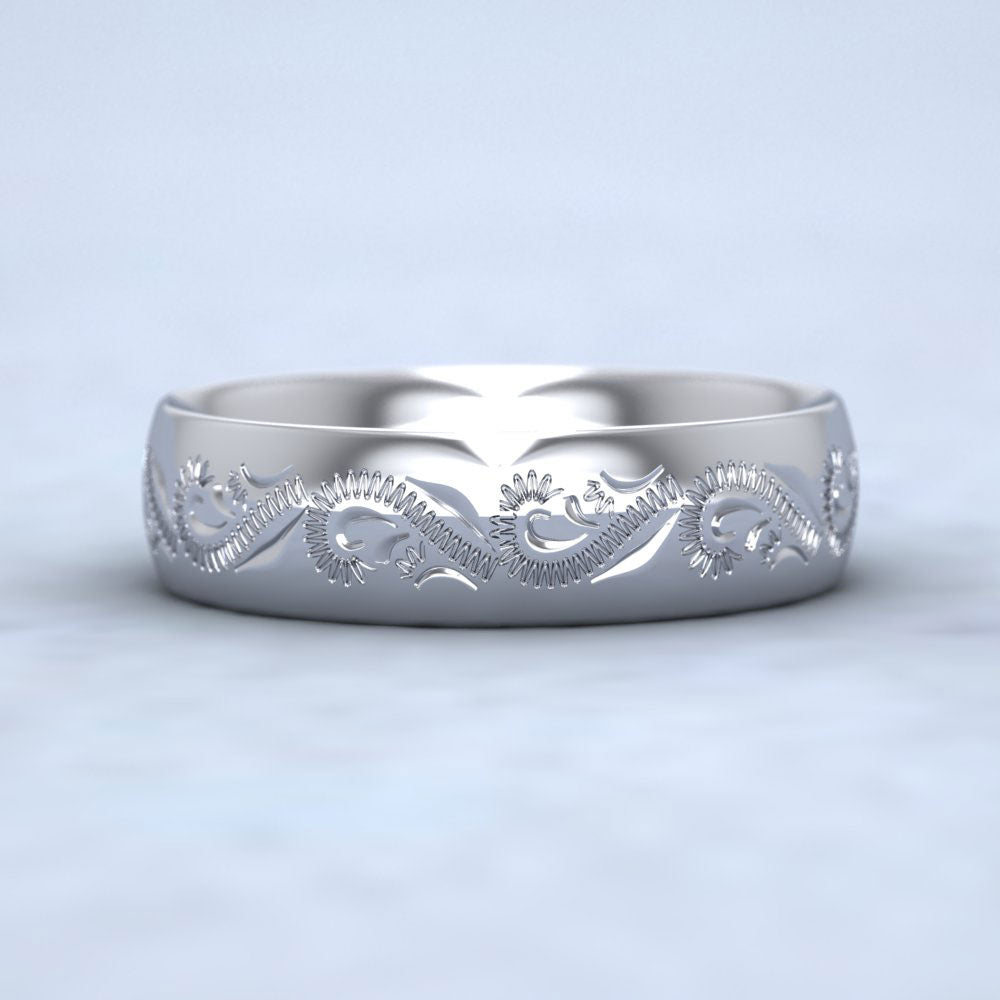 Engraved Court Shape 950 Platinum 6mm Wedding Ring Down View