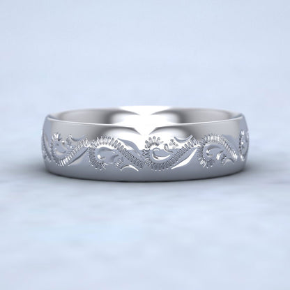 Engraved Court Shape 950 Platinum 6mm Wedding Ring Down View