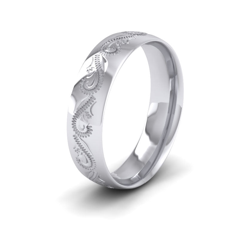 Engraved Court Shape 9ct White Gold 6mm Wedding Ring