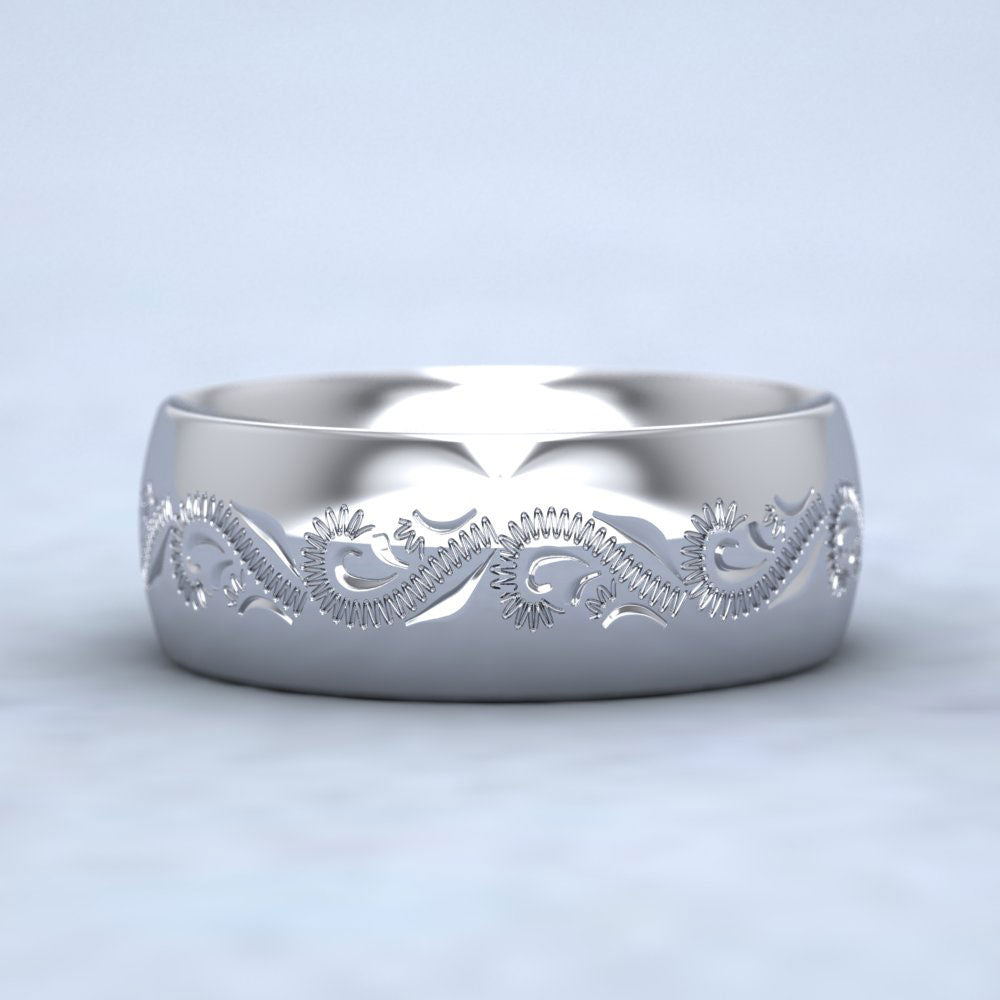 Engraved Court Shape 950 Platinum 8mm Wedding Ring Down View