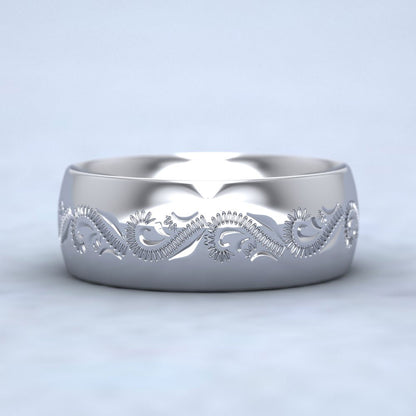 Engraved Court Shape 950 Platinum 8mm Wedding Ring Down View