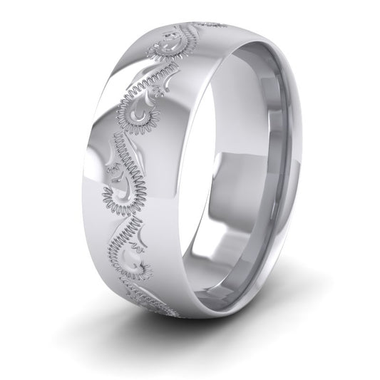 Engraved Court Shape 9ct White Gold 8mm Wedding Ring