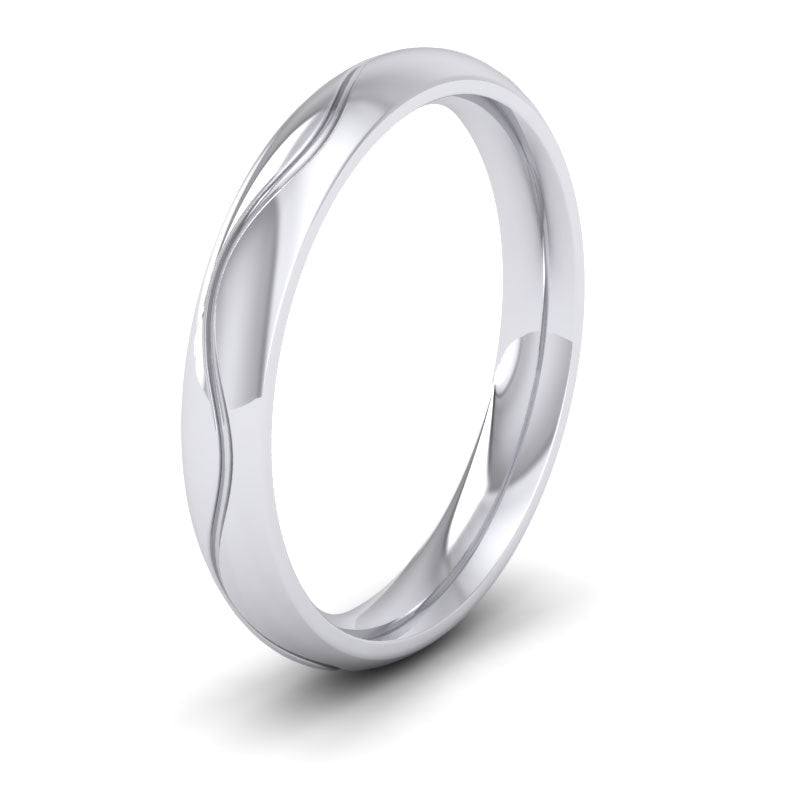 <p>18ct White Gold Wave Patterned Wedding Ring.  3mm Wide And Court Shaped For Comfortable Fitting</p>