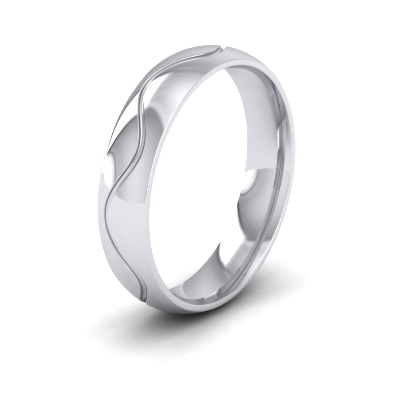 <p>18ct White Gold Wave Patterned Wedding Ring.  5mm Wide And Court Shaped For Comfortable Fitting</p>