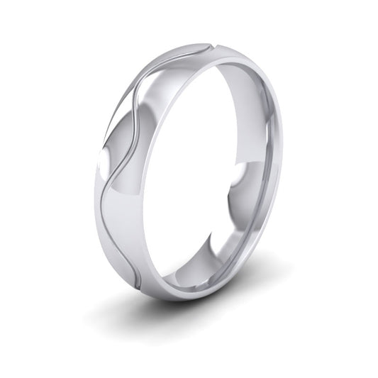<p>9ct White Gold Wave Patterned Wedding Ring.  5mm Wide And Court Shaped For Comfortable Fitting</p>