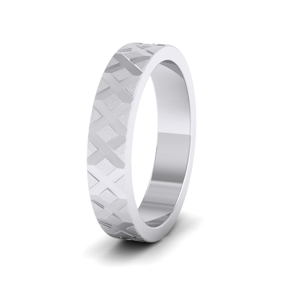 <p>18ct White Gold Diagonal Cross Pattern Flat Wedding Ring.  4mm Wide With A Contrasting Shiny And Matt Finish</p>