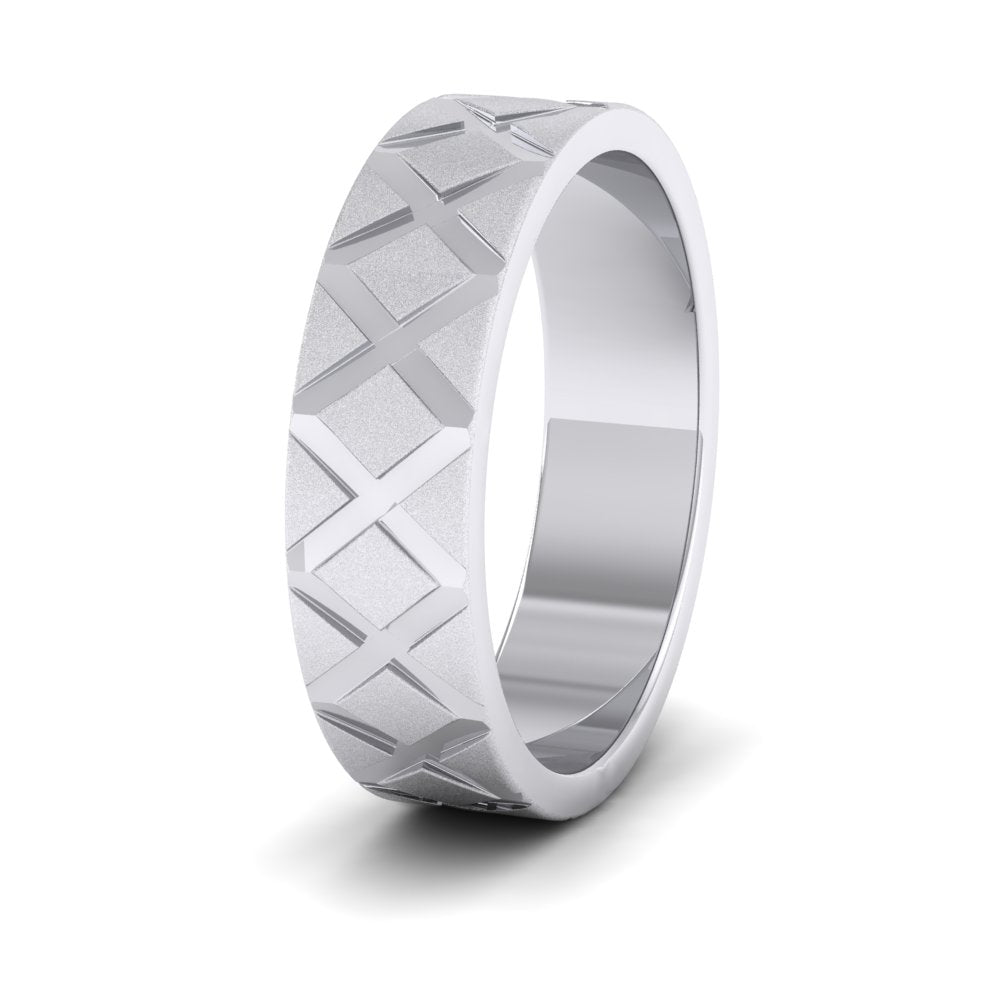 <p>18ct White Gold Diagonal Cross Pattern Flat Wedding Ring.  6mm Wide With A Contrasting Shiny And Matt Finish</p>