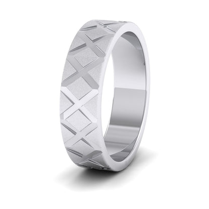 <p>18ct White Gold Diagonal Cross Pattern Flat Wedding Ring.  6mm Wide With A Contrasting Shiny And Matt Finish</p>