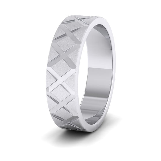 <p>950 Platinum Diagonal Cross Pattern Flat Wedding Ring.  6mm Wide With A Contrasting Shiny And Matt Finish</p>