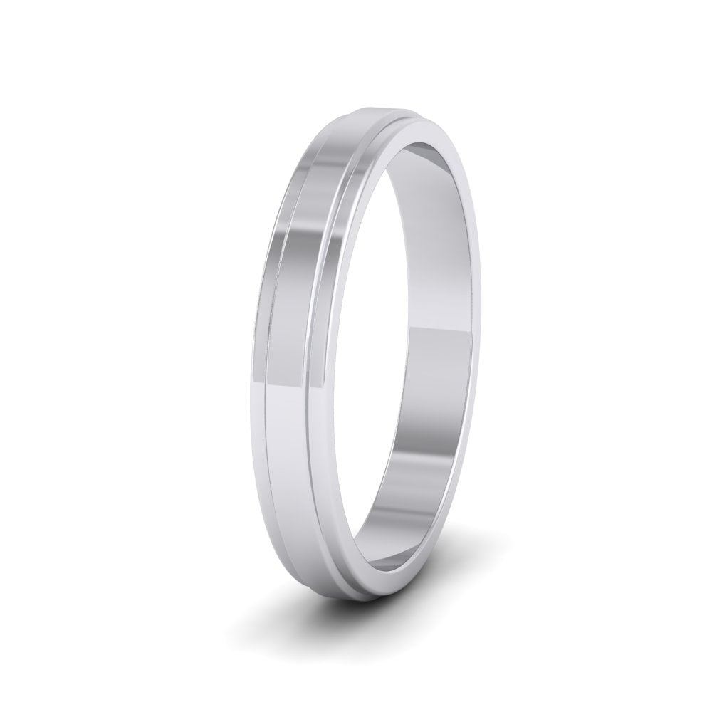 <p>14ct White Gold Stepped Edge Pattern Flat Wedding Ring.  3mm Wide </p>