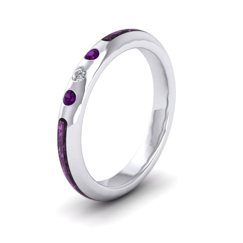 <p>Platinum Amethyst And Diamond Set Enamelled Wedding Ring.  3mm Wide And Court Shaped For Comfortable Fitting</p>