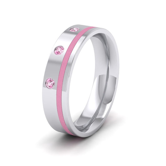 <p>Pink sapphire (three stones) and pink enamelled heavy weight flat Wedding Ring In 9ct white gold.  5mm Wide and court shaped for comfortable fitting</p>