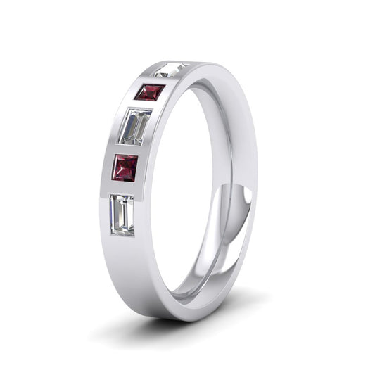 <p>14ct White Gold Ruby And Diamond Set (0.4ct VS, F/G) Flat Wedding Ring.  4mm Wide And Court Shaped For Comfortable Fitting</p>