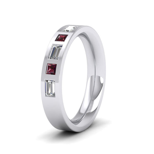 <p>18ct White Gold Ruby And Diamond Set (0.4ct VS, F/G) Flat Wedding Ring.  4mm Wide And Court Shaped For Comfortable Fitting</p>