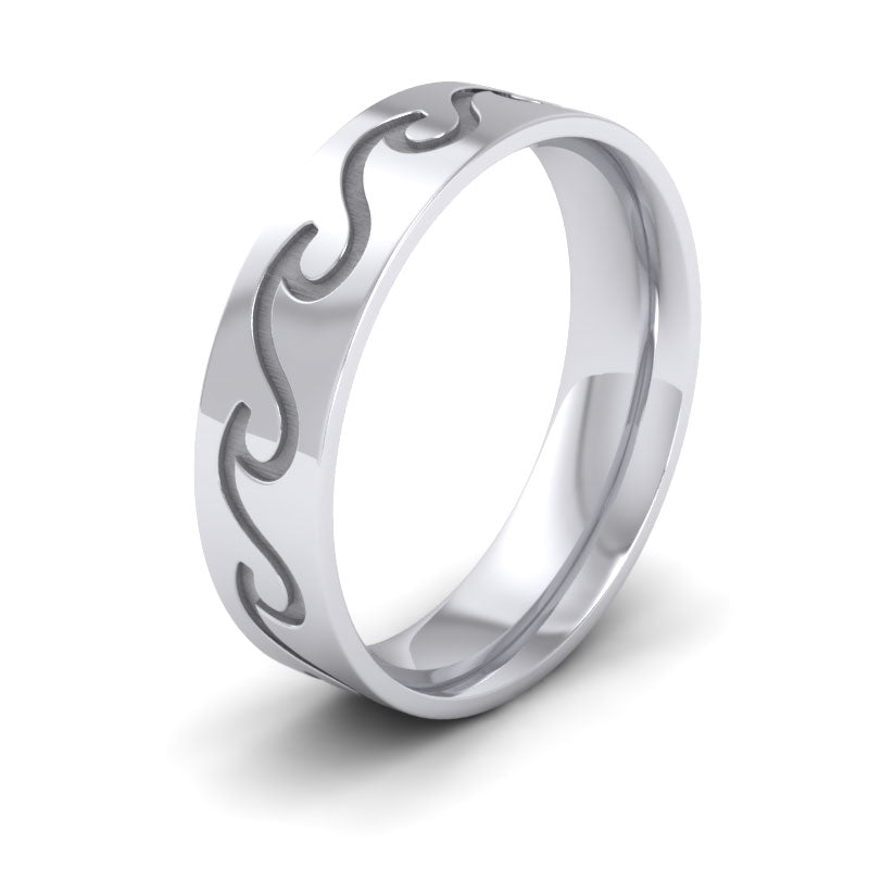 <p>18ct White Gold Wave Pattern Flat Wedding Ring.  6mm Wide And Court Shaped For Comfortable Fitting</p>