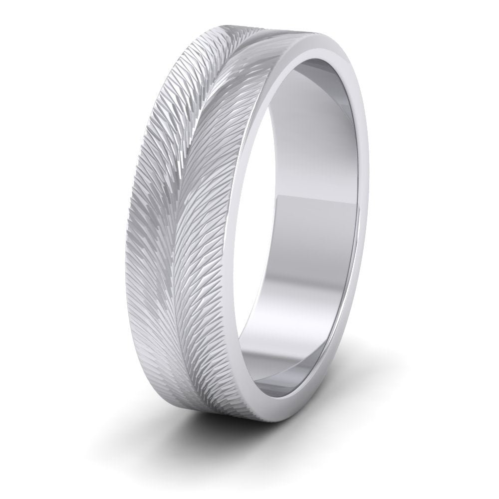 <p>18ct White Gold Feather Pattern Flat Wedding Ring.  6mm Wide And Court Shaped For Comfortable Fitting</p>
