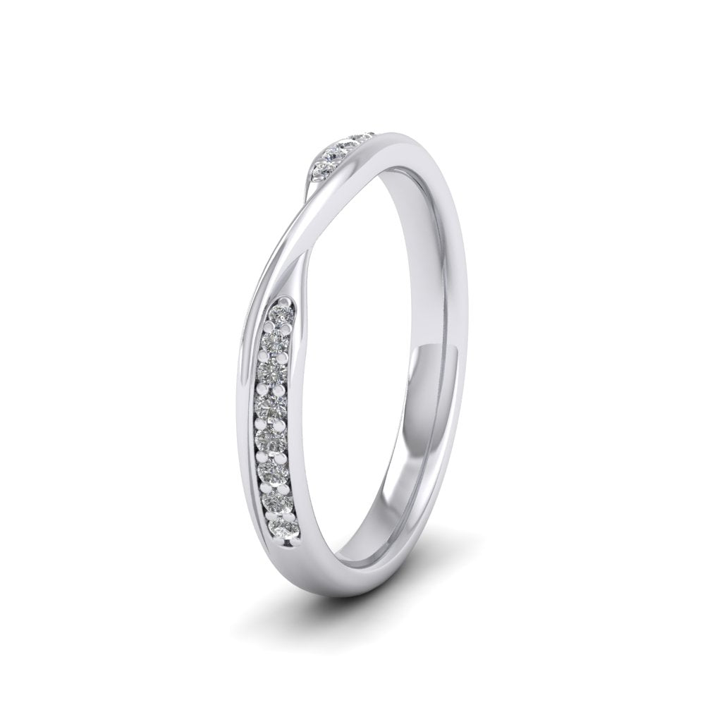 <p>9ct White Gold Crossover Pattern Wedding Ring With Sixteen Set Diamonds.  25mm Wide And Court Shaped For Comfortable Fitting.  Suitable For Fitting Next To Single Stone Rings Where The Stone And Setting Protrude Up To 0.75mm Away From The Edge Of The Ring.</p>