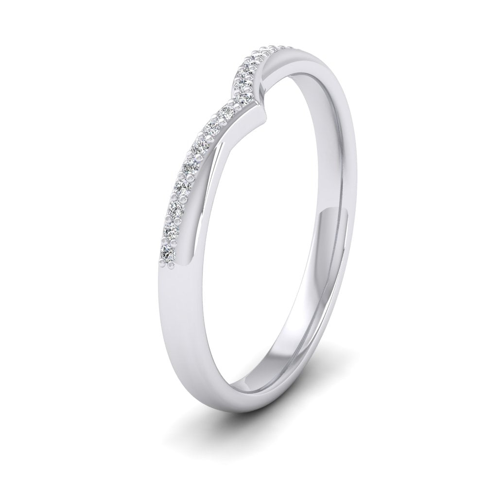 <p>18ct White Gold Crossover V Shape Round Diamond Set Wedding Ring.  225mm Wide And Court Shaped For Comfortable Fitting.  Suitable For Fitting Next To Single Stone Rings Where The Stone And Setting Protrude Up To 1.5mm Away From The Edge Of The Ring.</p>